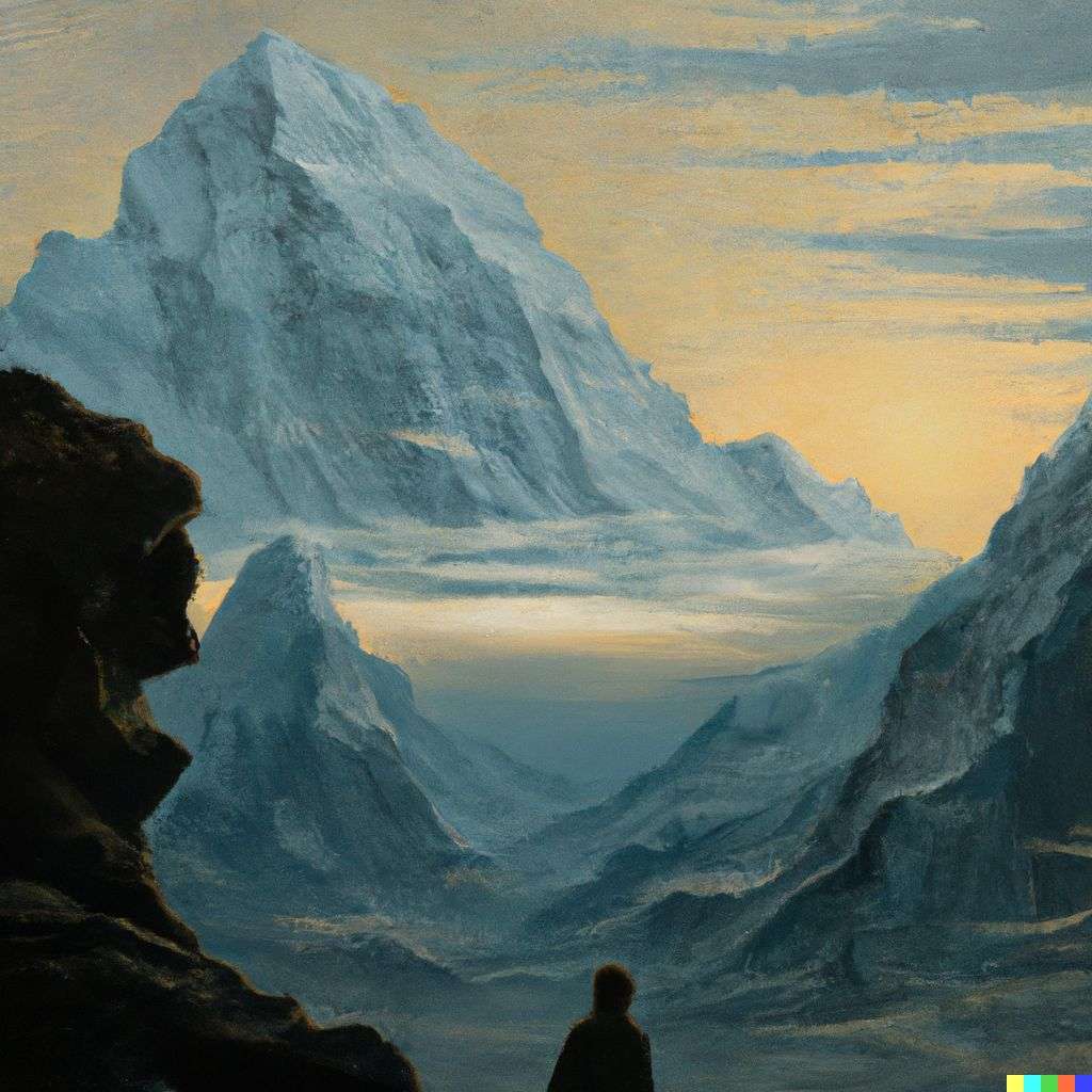 someone gazing at Mount Everest, painting by Caspar David Friedrich